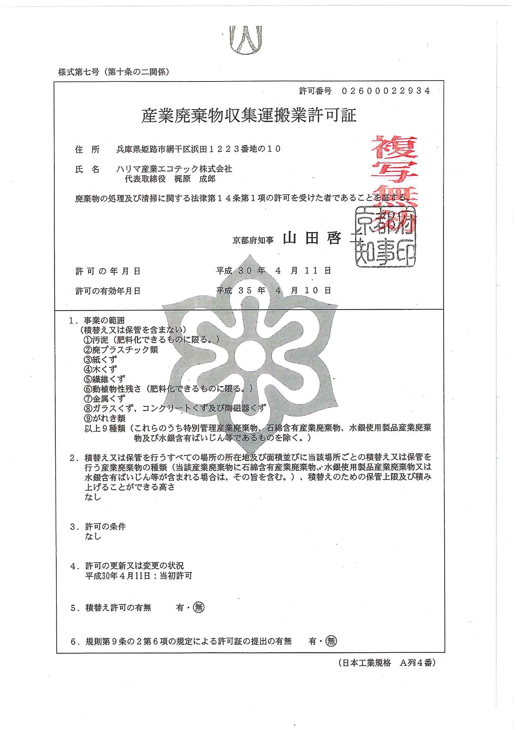 産業廃棄物許可 F Unit ハリマ産業エコテック株式会社 株式会社 睦商興 日の丸運輸株式会社 日の丸冷蔵株式会社